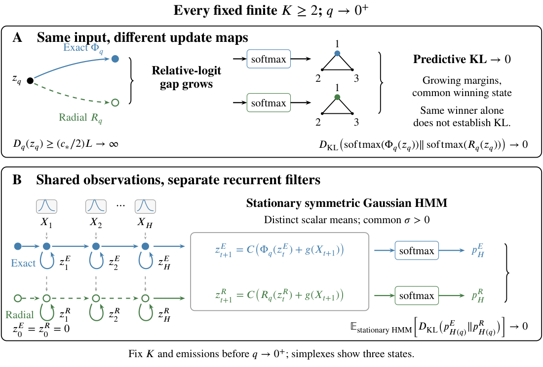 Two distinct fixed-$K$ separations. (A) At a common moving input, exact and radial mixing have diverging separation in centered logits but vanishing categorical KL. (B) On shared stationary observations from the Gaussian HMM, their separate recurrences have vanishing expected terminal posterior KL at $H(q)$. Both statements fix $K$ and emission parameters before $q\to0^+$; the schematic does not assert that (A) implies (B).